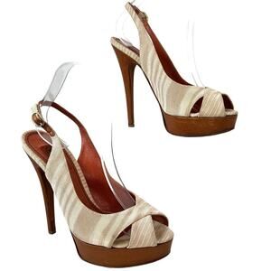 MISSONI Signature Leather Slingback 5" Platform Heel in Beige & Cream Size 7